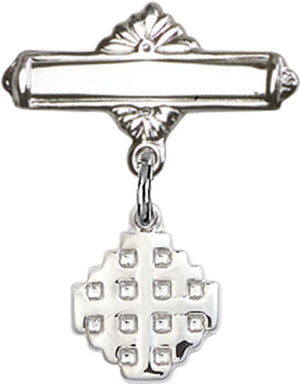 Jerusalem Cross Charm and Polished Engravable Badge Pin