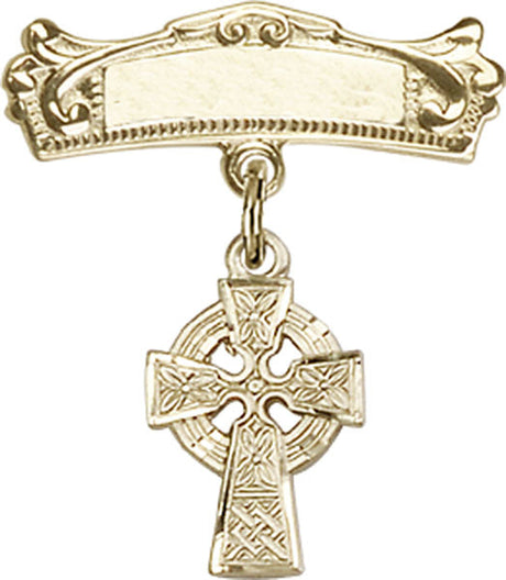 Celtic Cross Charm and Arched Polished Engravable Badge Pin