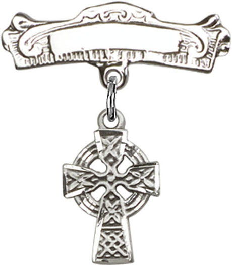 Celtic Cross Charm and Arched Polished Engravable Badge Pin