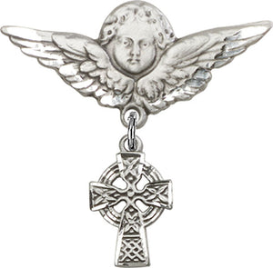 Celtic Cross Charm and Angel with Larger Wings Badge Pin