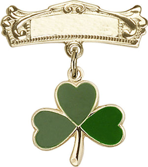 Shamrock Charm and Arched Polished Engravable Badge Pin
