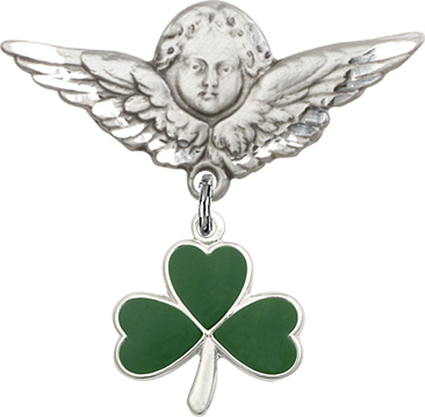 Shamrock Charm and Angel with Larger Wings Badge Pin