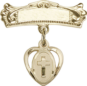 Cross Charm and Arched Polished Engravable Badge Pin