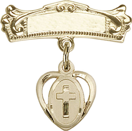 Cross Charm and Arched Polished Engravable Badge Pin