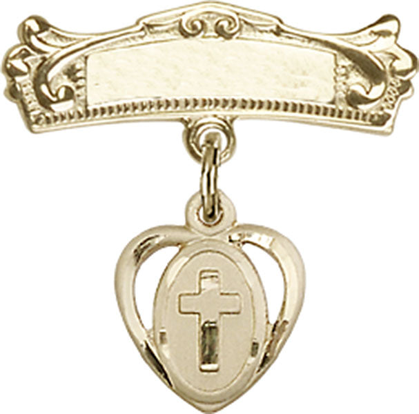 Cross Charm and Arched Polished Engravable Badge Pin