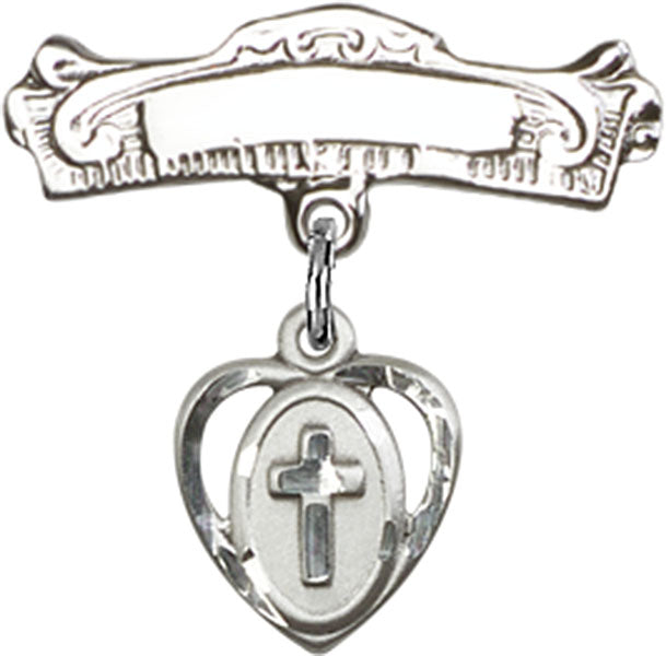 Cross Charm and Arched Polished Engravable Badge Pin
