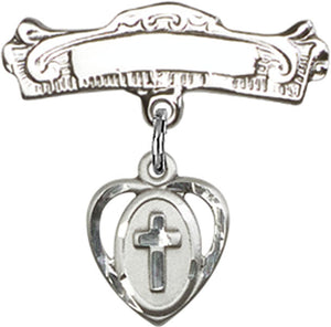 Cross Charm and Arched Polished Engravable Badge Pin
