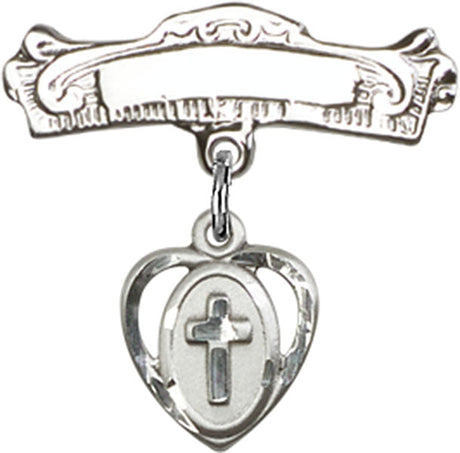 Cross Charm and Arched Polished Engravable Badge Pin