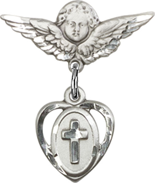 Cross Charm and Angel with Smaller Wings Badge Pin