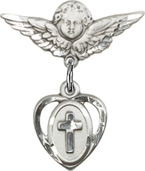 Cross Charm and Angel with Smaller Wings Badge Pin