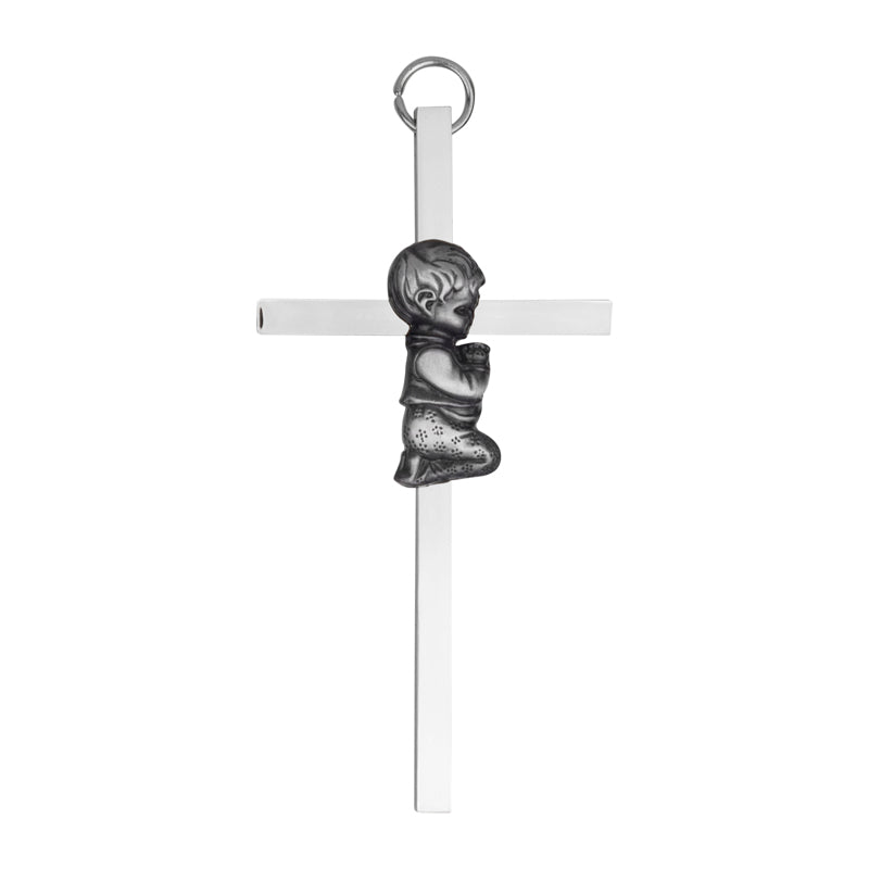 Praying Boy Baby Cross Silver Plated Pewter 6 x 3.5 Inch