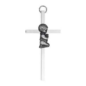 Praying Boy Baby Cross Silver Plated Pewter 6 x 3.5 Inch