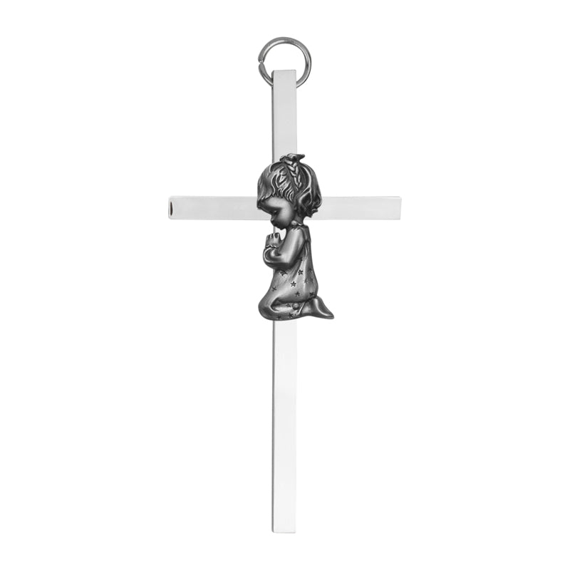 Praying Girl Baby Cross Silver Plated Pewter 6 x 3.5 Inch