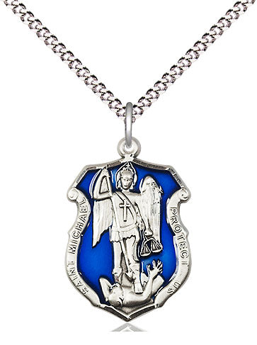 St. Michael Shield Necklace with Blue Epoxy