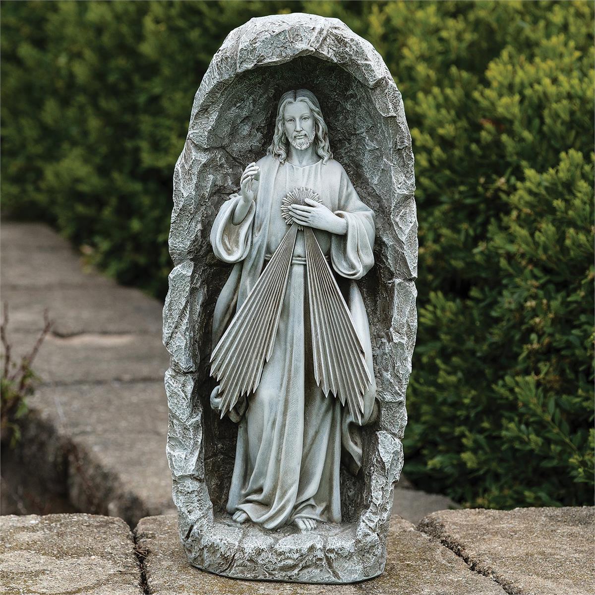 DIVINE MERCY GROTTO GARDEN STATUE 18.5"H LED SOLAR