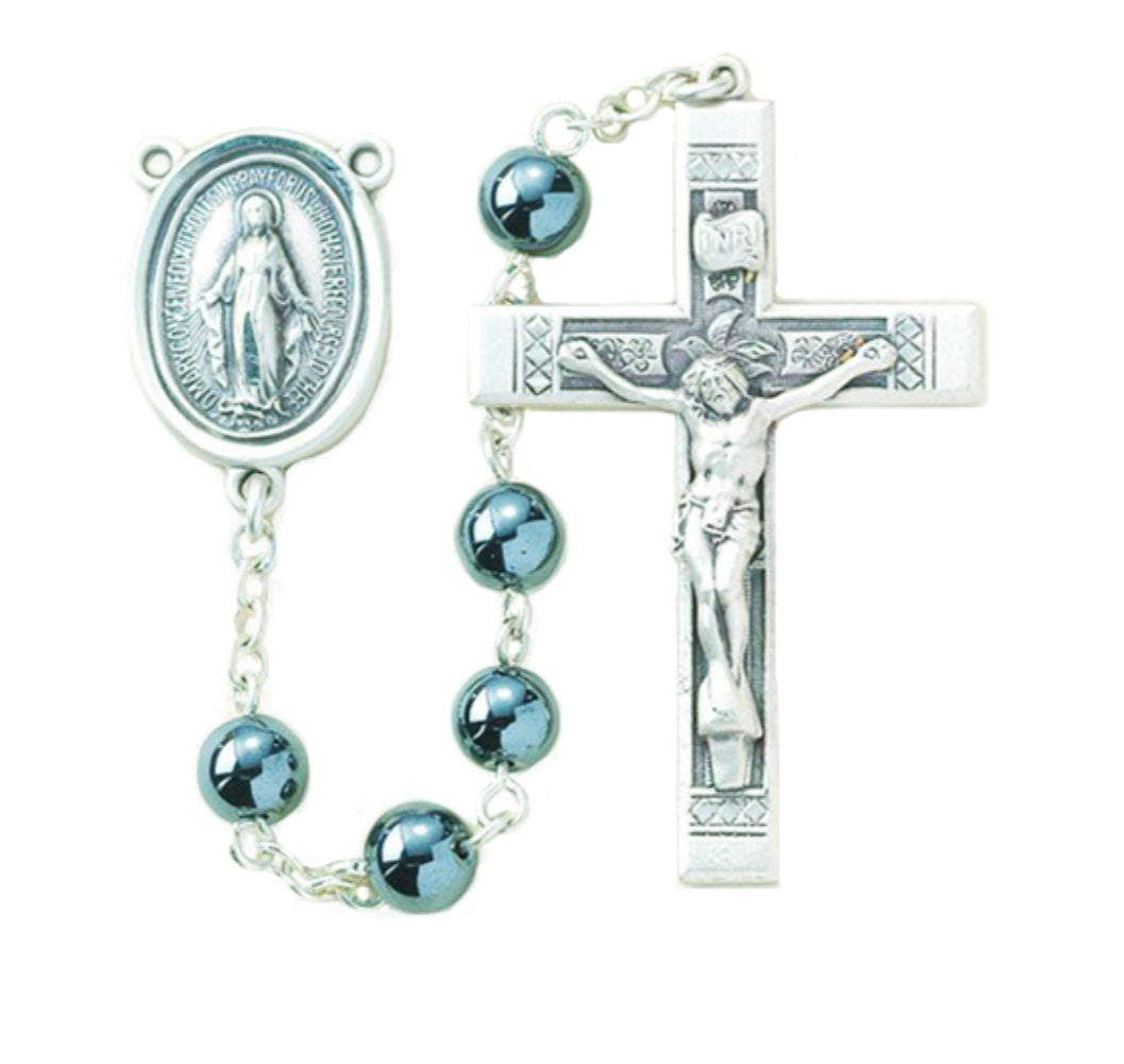 6mm Genuine Hematite Bead Rosary in Sterling Silver