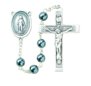 6mm Genuine Hematite Bead Rosary in Sterling Silver