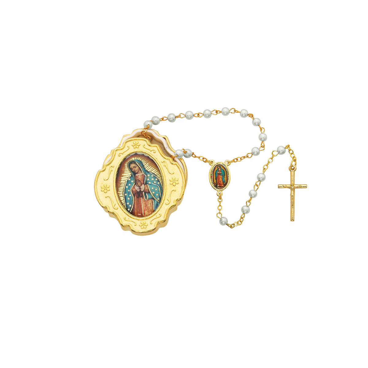 Gold Guadalupe Keepsake Box with Pearl Rosary