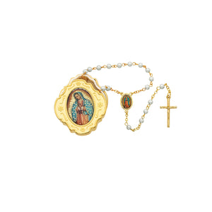 Gold Guadalupe Keepsake Box with Pearl Rosary