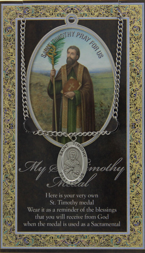 St. Timothy pewter medal on chain with gold foil bi-fold prayer card
