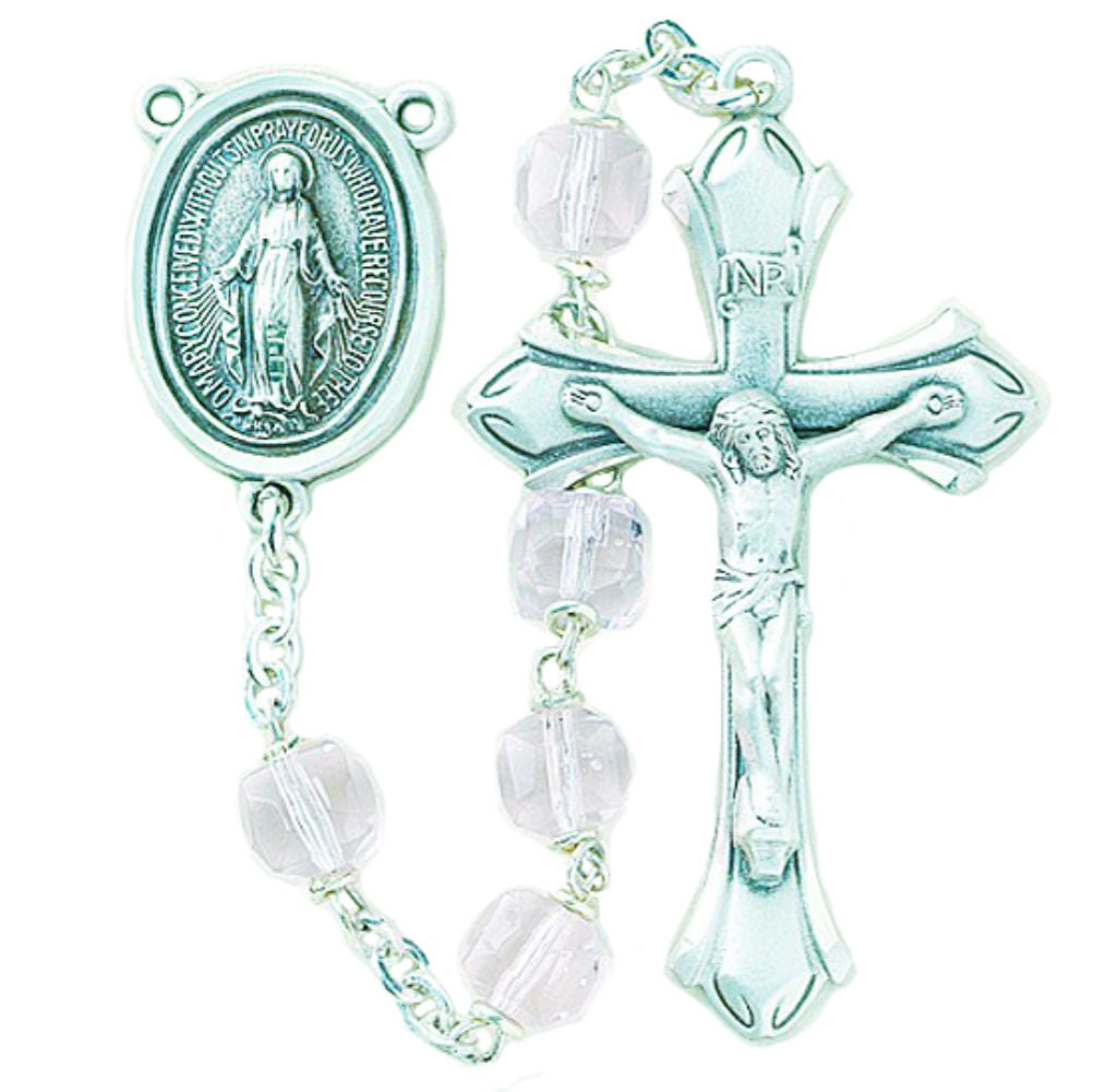 8mm Tin Cut Light Rose Cube Crystal Bead Rosary in Sterling Silver