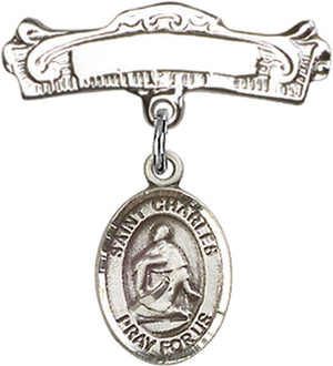 St. Charles Borromeo Charm and Arched Polished Engravable Badge Pin