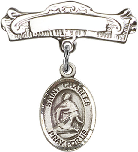 St. Charles Borromeo Charm and Arched Polished Engravable Badge Pin