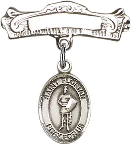 St. Florian Charm and Arched Polished Engravable Badge Pin