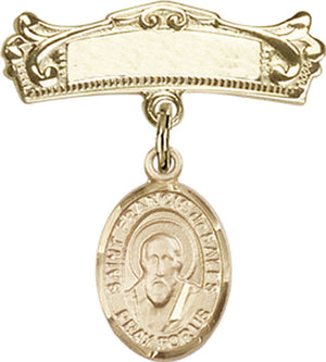 St. Francis de Sales Charm and Arched Polished Engravable Badge Pin