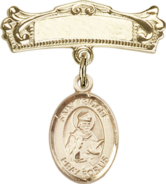 St. Isidore of Seville Charm and Arched Polished Engravable Badge Pin