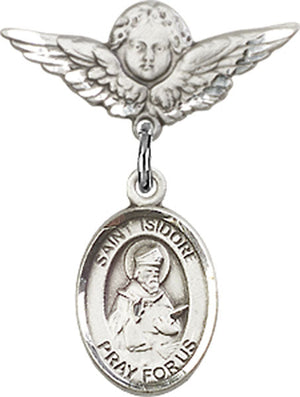 St. Isidore of Seville Charm and Angel with Smaller Wings Badge Pin