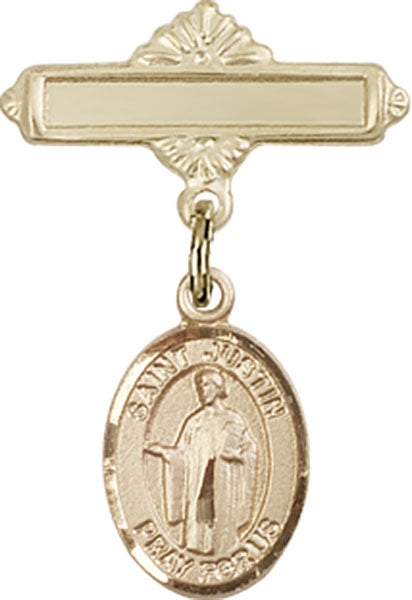 St. Justin Charm and Polished Engravable Badge Pin