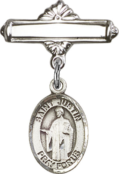 St. Justin Charm and Polished Engravable Badge Pin