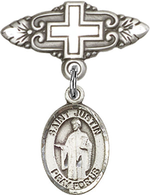 St. Justin Charm and Badge Pin with Cross