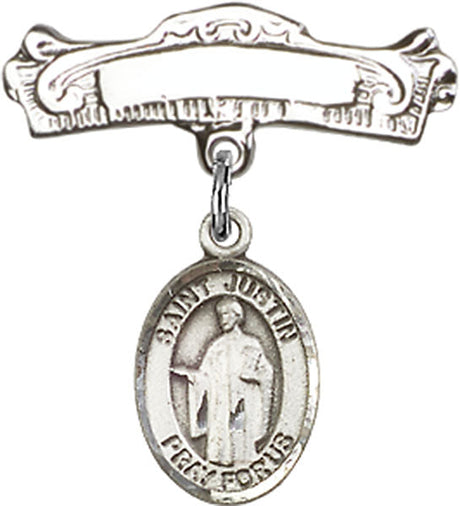 St. Justin Charm and Arched Polished Engravable Badge Pin