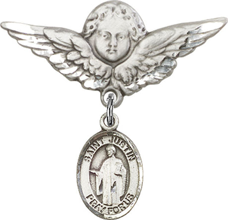 St. Justin Charm and Angel with Larger Wings Badge Pin