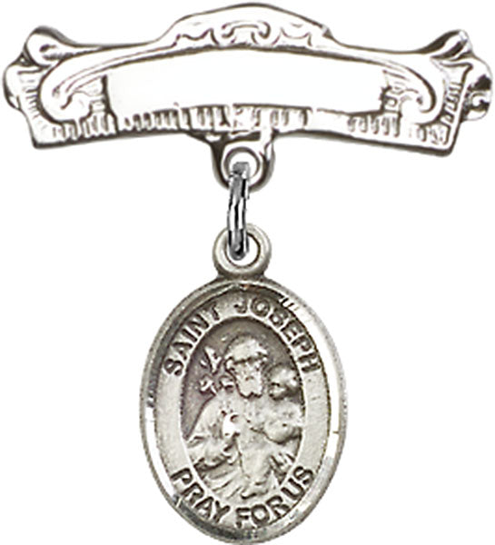 St. Joseph Charm and Arched Polished Engravable Badge Pin