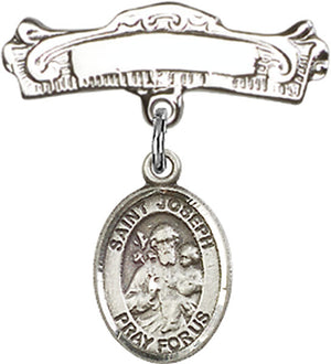 St. Joseph Charm and Arched Polished Engravable Badge Pin