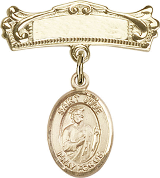 St. Jude Thaddeus Charm and Arched Polished Engravable Badge Pin
