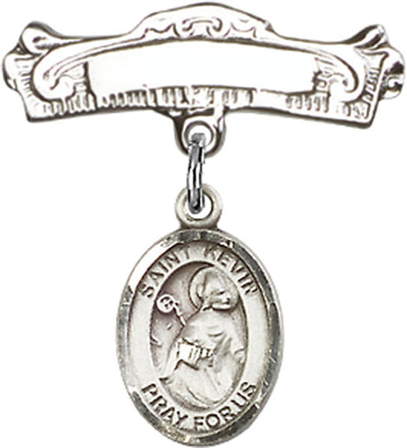 St. Kevin Charm and Arched Polished Engravable Badge Pin