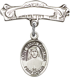 St. Maria Faustina Charm and Arched Polished Engravable Badge Pin