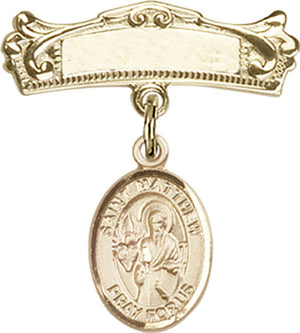 St. Matthew the Apostle Charm and Arched Polished Engravable Badge Pin
