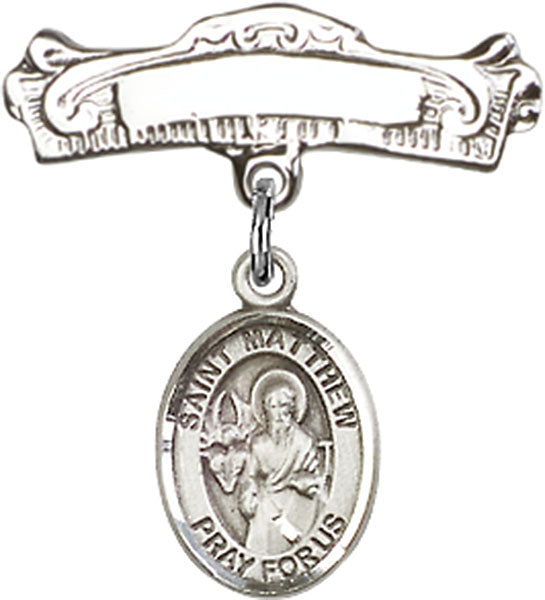 St. Matthew the Apostle Charm and Arched Polished Engravable Badge Pin