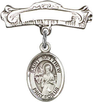 St. Matthew the Apostle Charm and Arched Polished Engravable Badge Pin