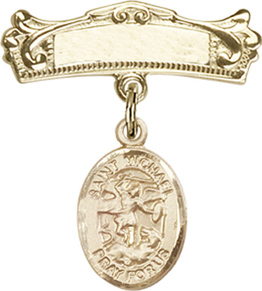St. Michael the Archangel Charm and Arched Polished Engravable Badge Pin