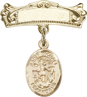 St. Michael the Archangel Charm and Arched Polished Engravable Badge Pin