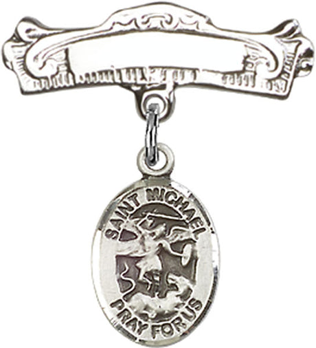 St. Michael the Archangel Charm and Arched Polished Engravable Badge Pin