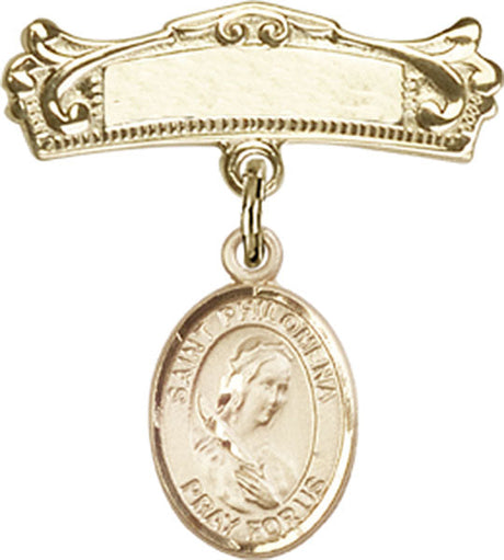 St. Philomena Charm and Arched Polished Engravable Badge Pin