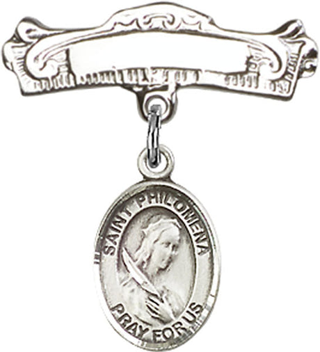 St. Philomena Charm and Arched Polished Engravable Badge Pin