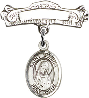 St. Monica Charm and Arched Polished Engravable Badge Pin